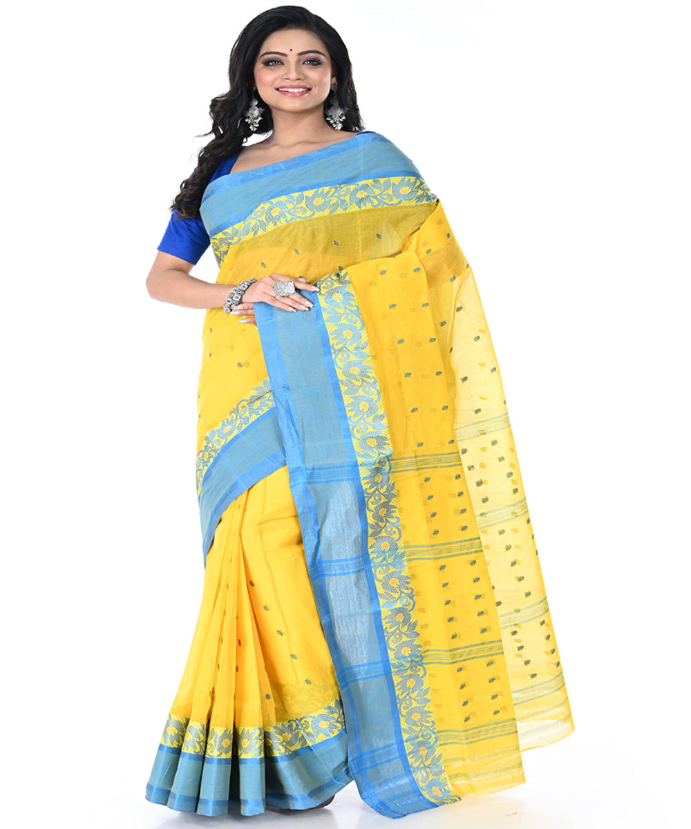 Yellow cyan blue handwoven cotton tangail saree