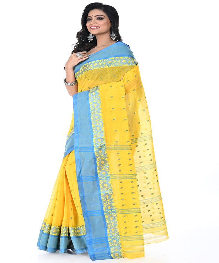 Yellow cyan blue handwoven cotton tangail saree