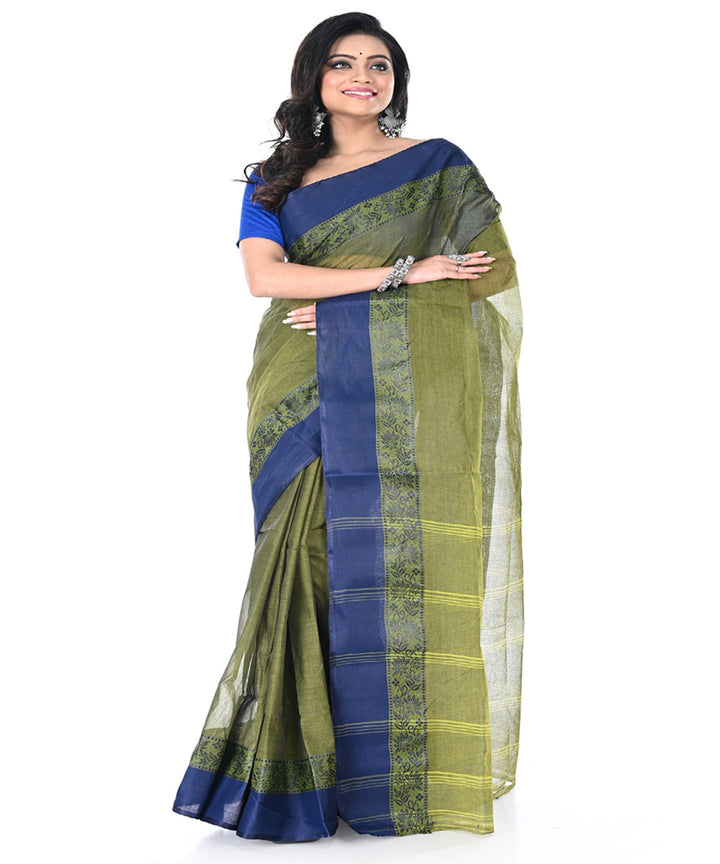 Olive green ink blue handwoven cotton tangail saree