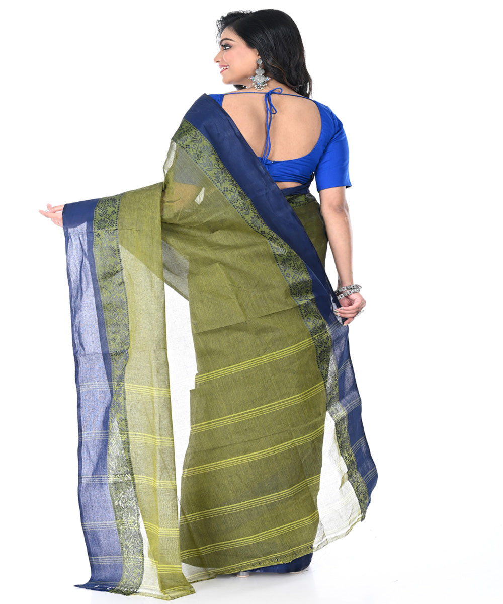 Olive green ink blue handwoven cotton tangail saree