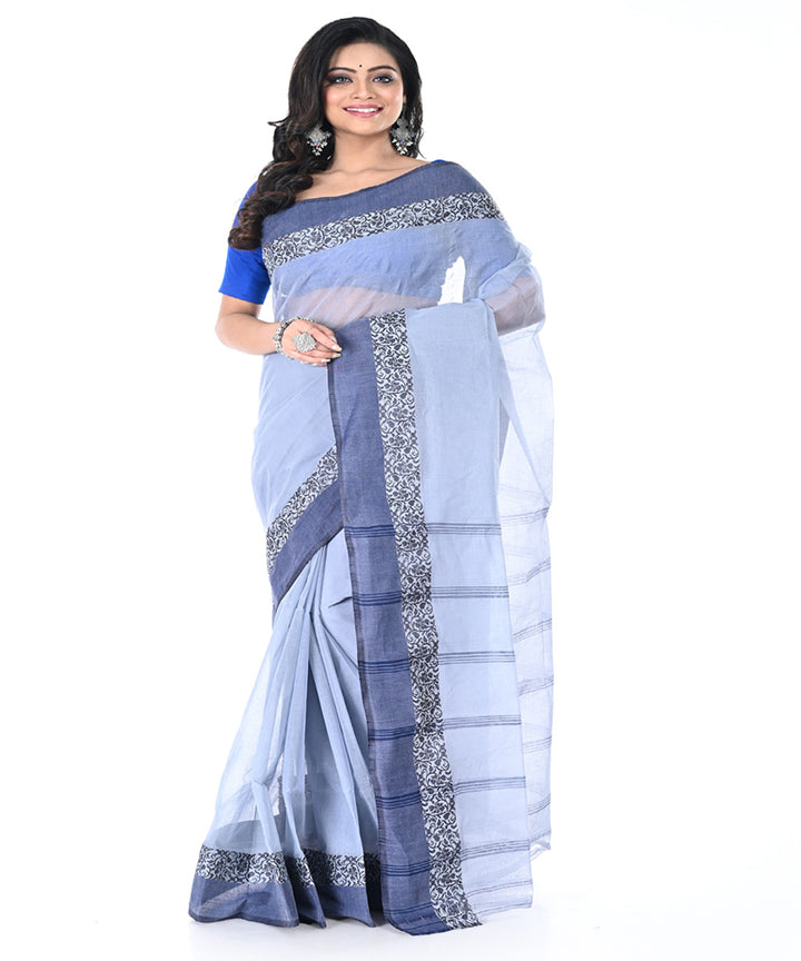 Light blue dull blue handwoven cotton tangail saree