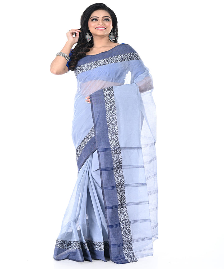 Light blue dull blue handwoven cotton tangail saree