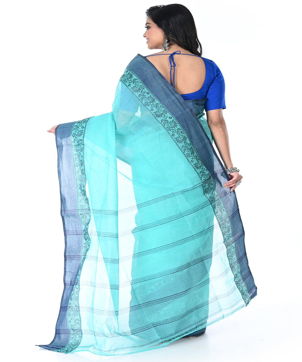Cyan blue dull blue handwoven cotton tangail saree