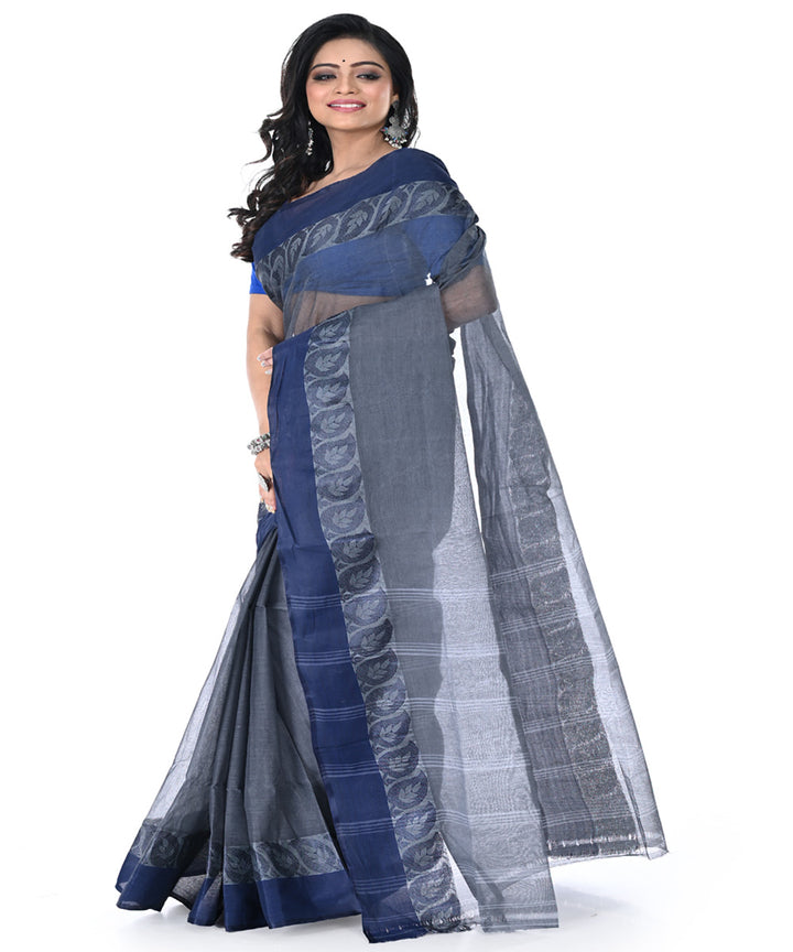 Charcoal grey deep blue handwoven cotton tangail saree