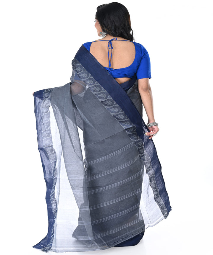 Charcoal grey deep blue handwoven cotton tangail saree