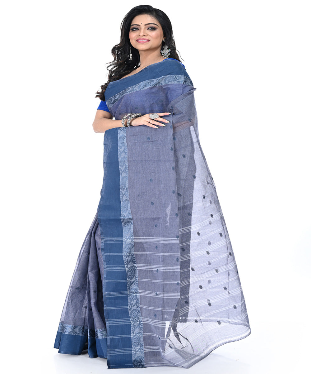 Navy blue handwoven cotton tangail saree