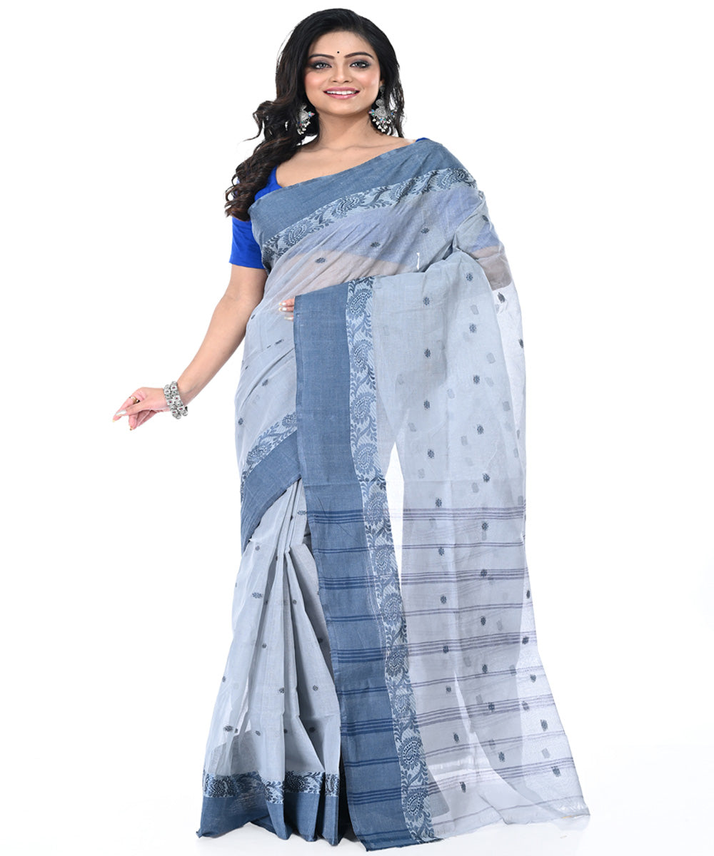 Grey dull blue handwoven cotton tangail saree