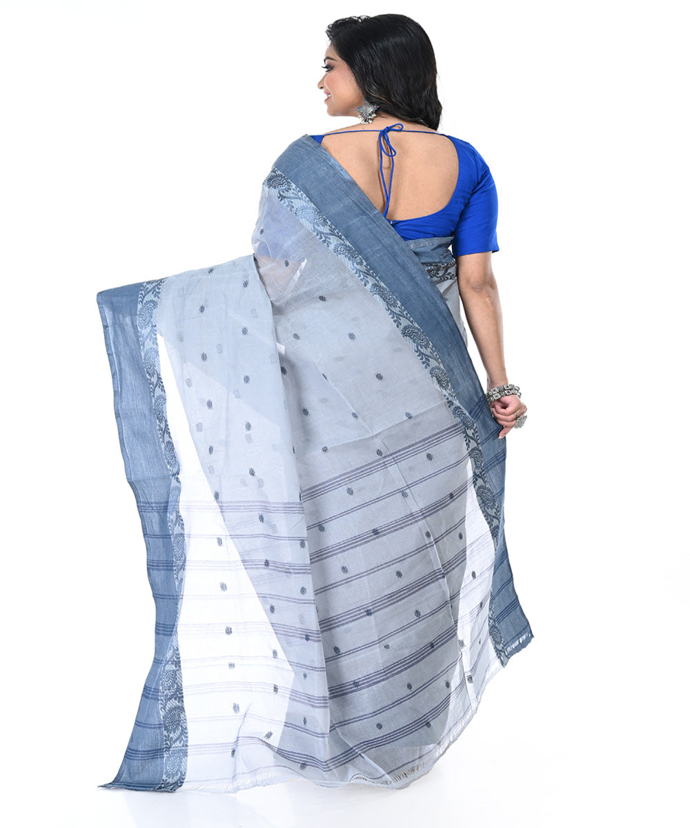 Grey dull blue handwoven cotton tangail saree