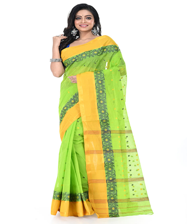 Light green yellow handwoven cotton tangail saree