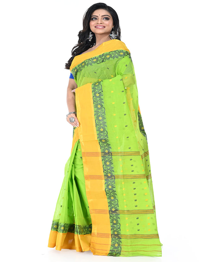 Light green yellow handwoven cotton tangail saree