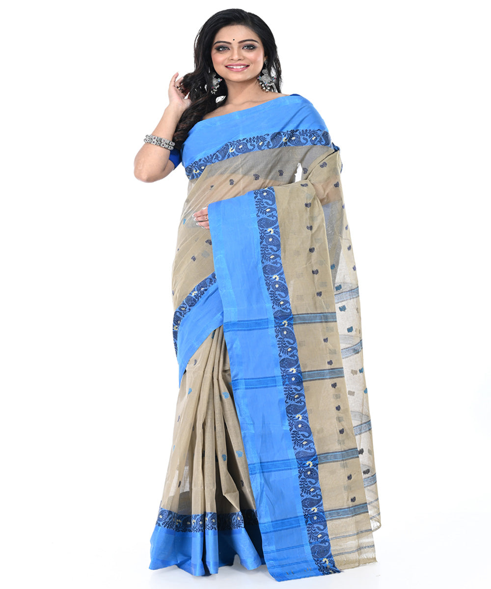 Grey blue handwoven cotton tangail saree