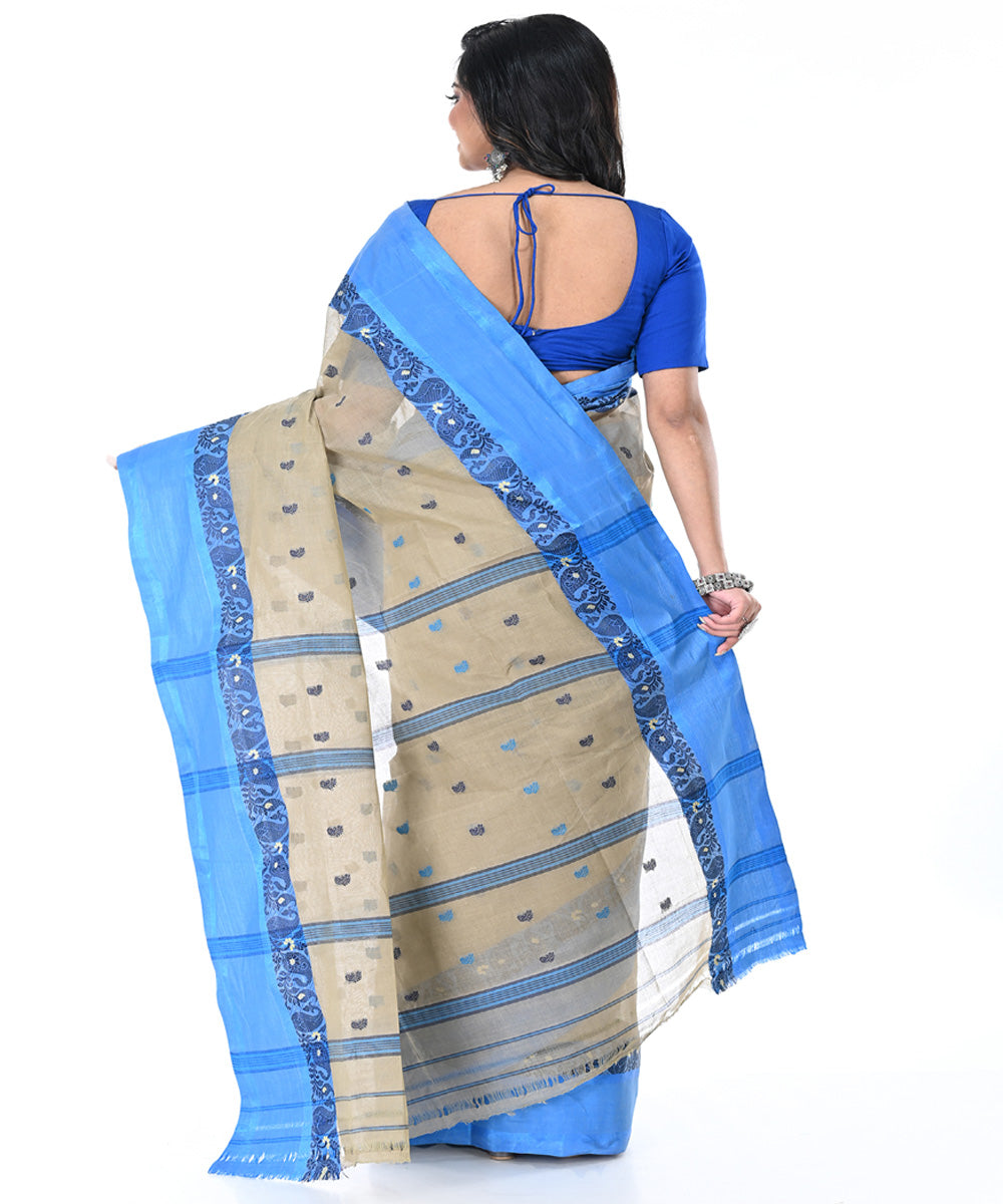 Grey blue handwoven cotton tangail saree