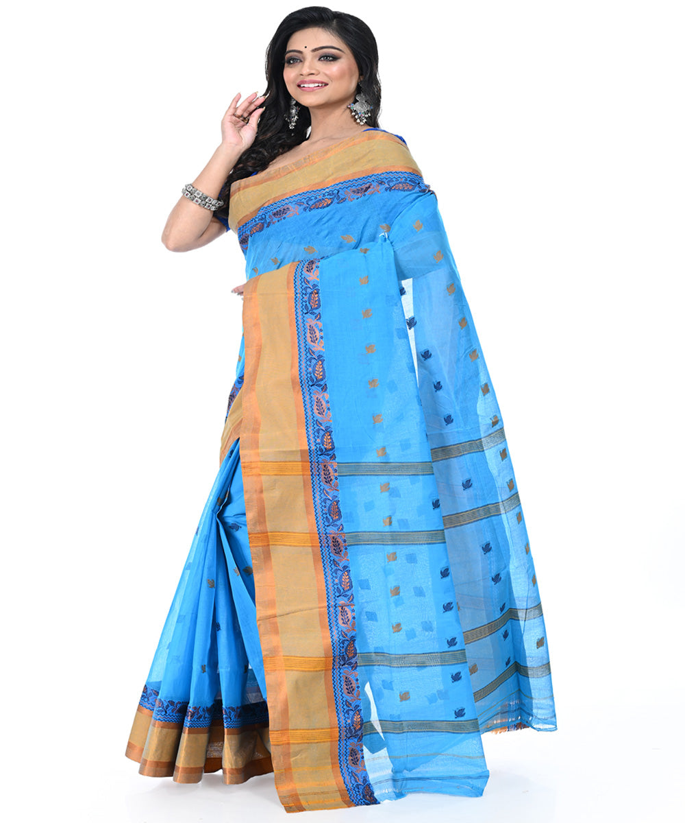 Sky blue brown handwoven tangail cotton saree