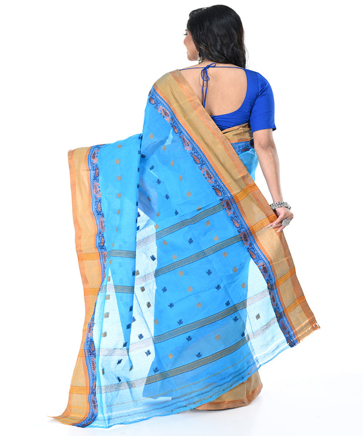 Sky blue brown handwoven tangail cotton saree