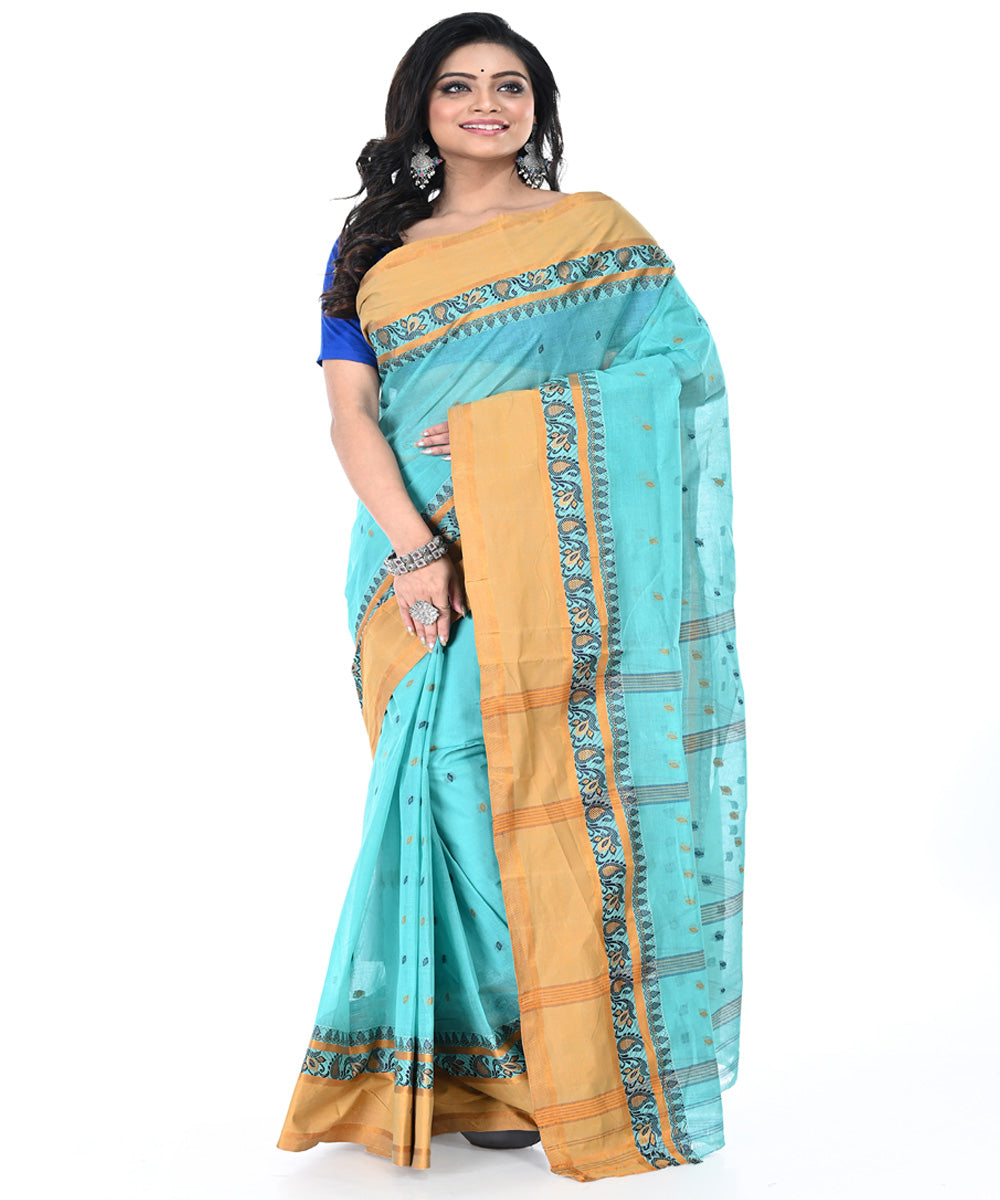 Sky blue brown cotton tangail handwoven saree
