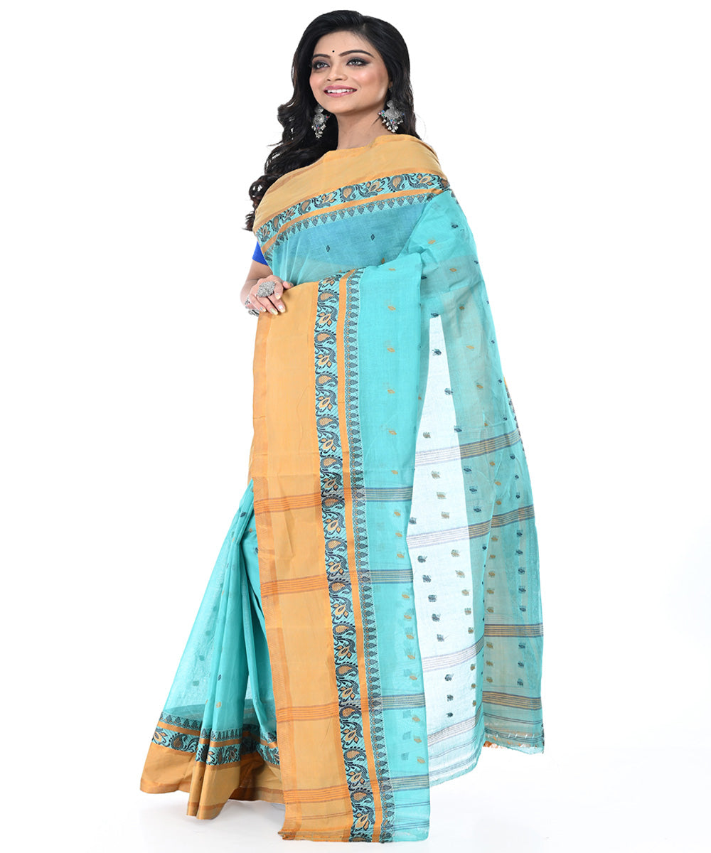 Sky blue brown cotton tangail handwoven saree