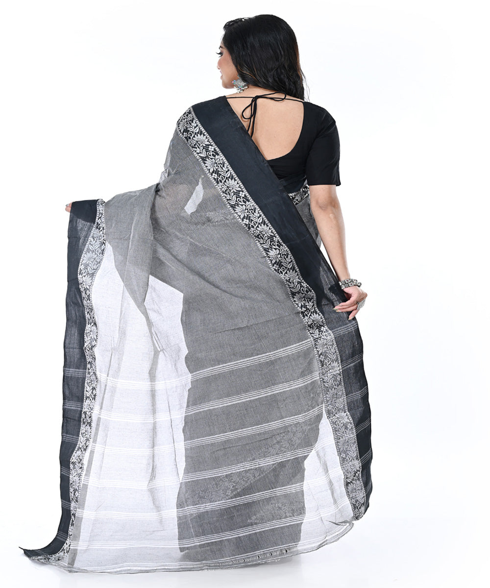 Grey black handwoven cotton tangail saree