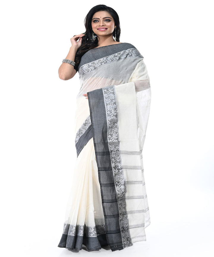 Offwhite grey handwoven cotton tangail saree