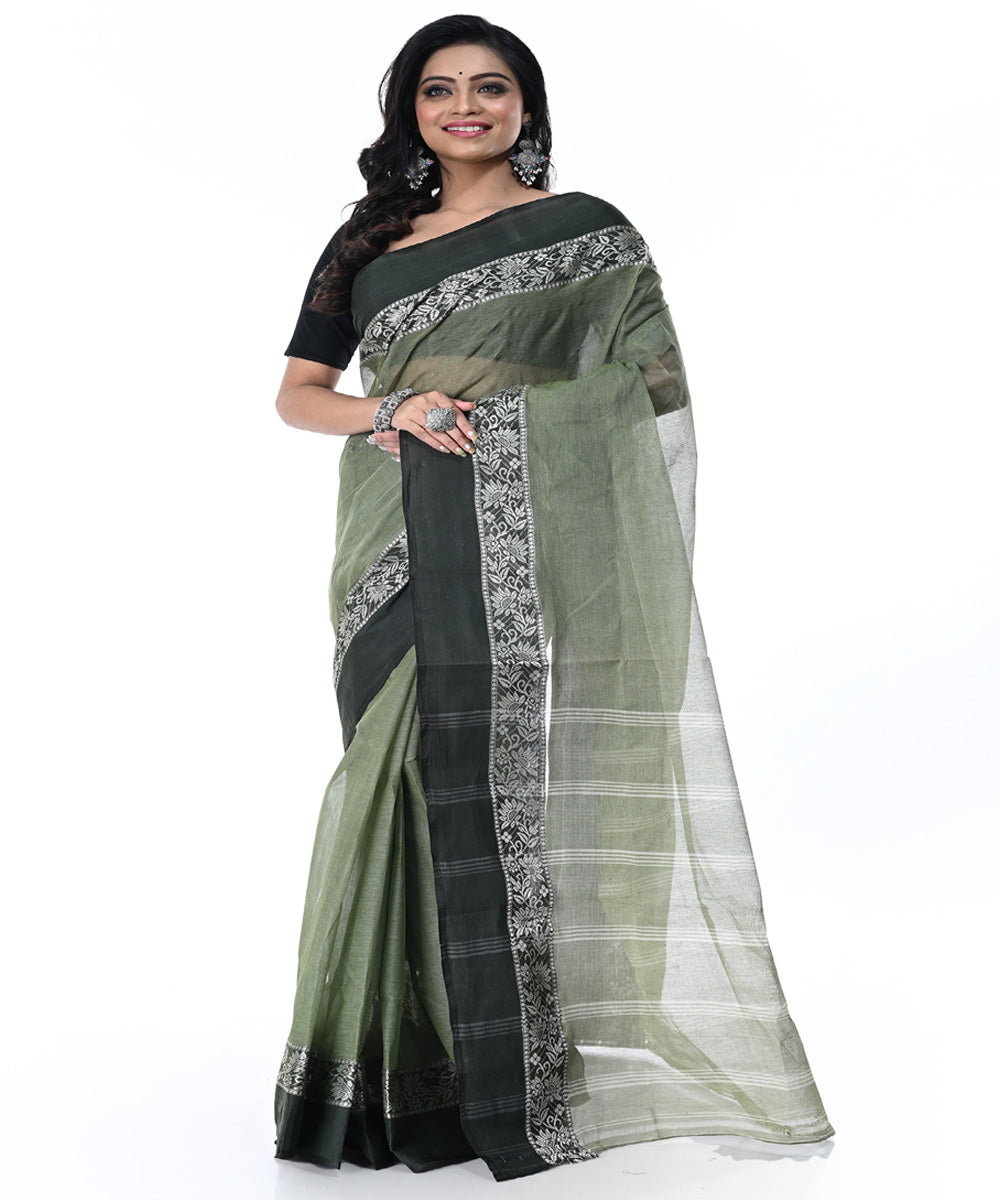 Dark green black handwoven cotton tangail saree