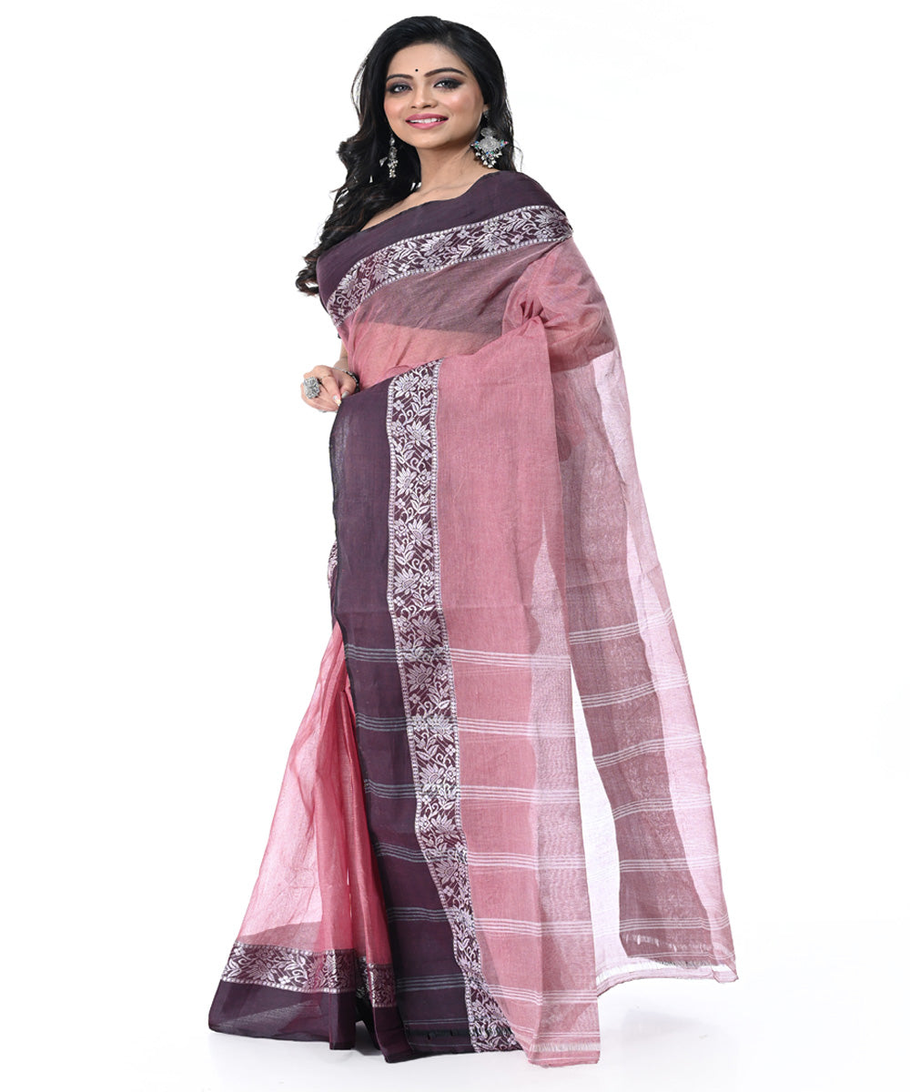 Pink grey handwoven cotton tangail saree