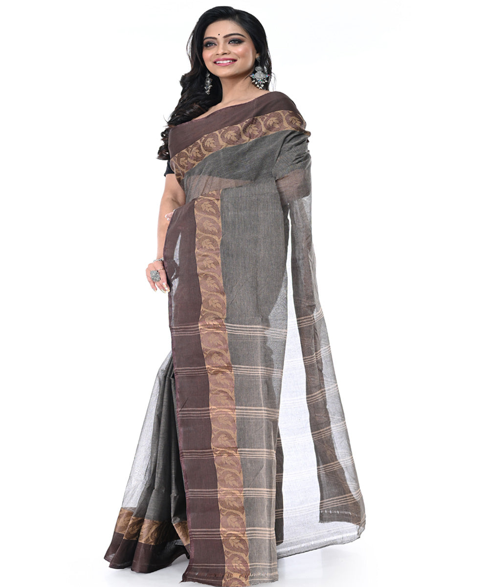 Charcoal grey handwoven cotton tangail saree