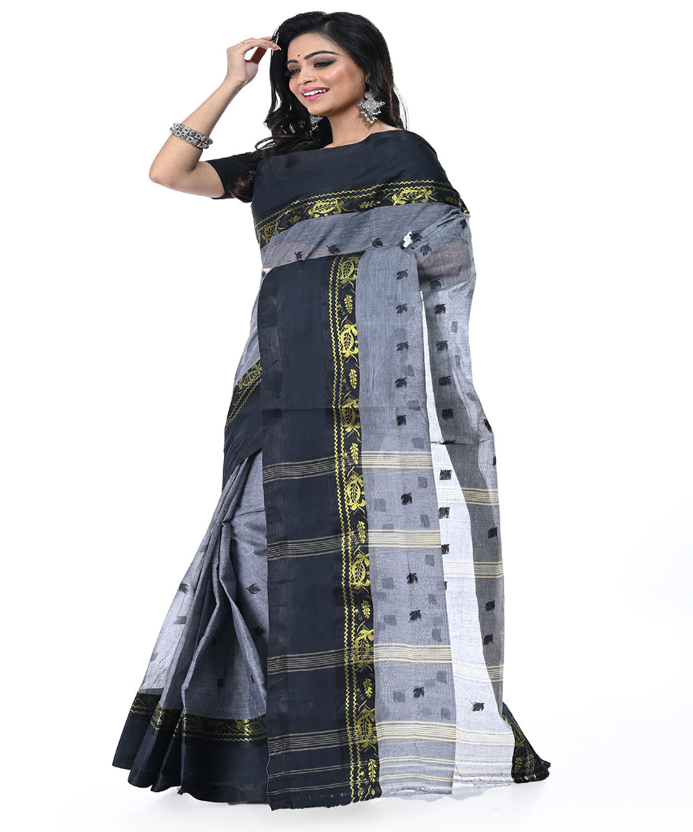 Grey black tangail cotton handwoven saree