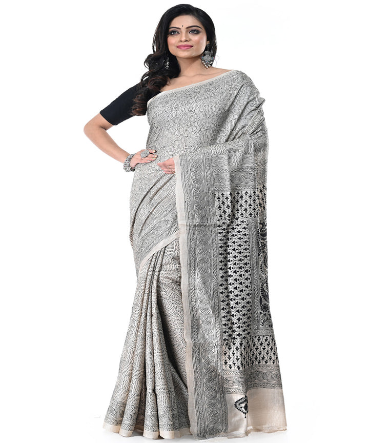 Offwhite multicolor handwoven tussar silk kantha stitched saree