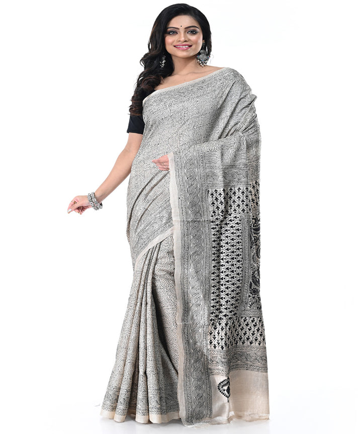 Offwhite multicolor handwoven tussar silk kantha stitched saree
