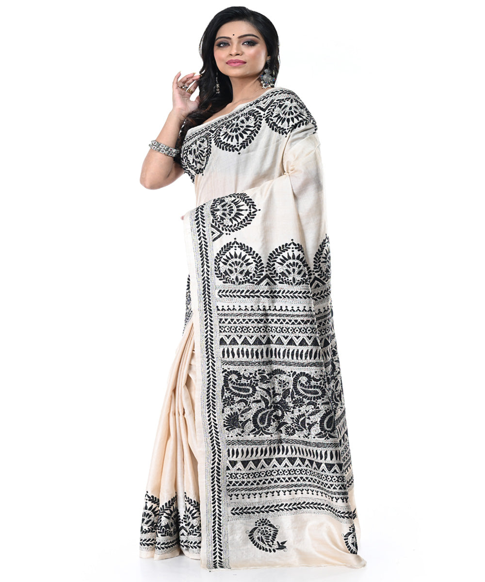 Offwhite black handwoven tussar silk kantha stitch saree
