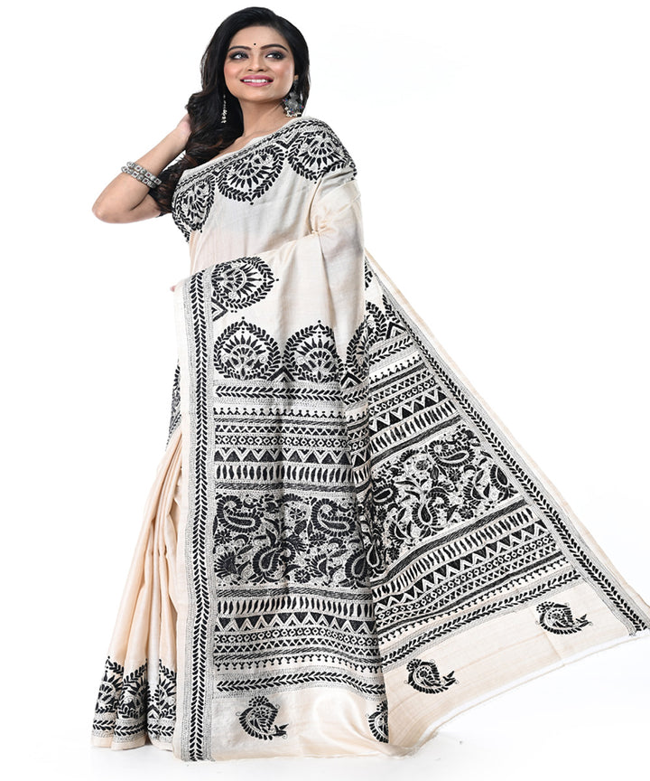 Offwhite black handwoven tussar silk kantha stitch saree