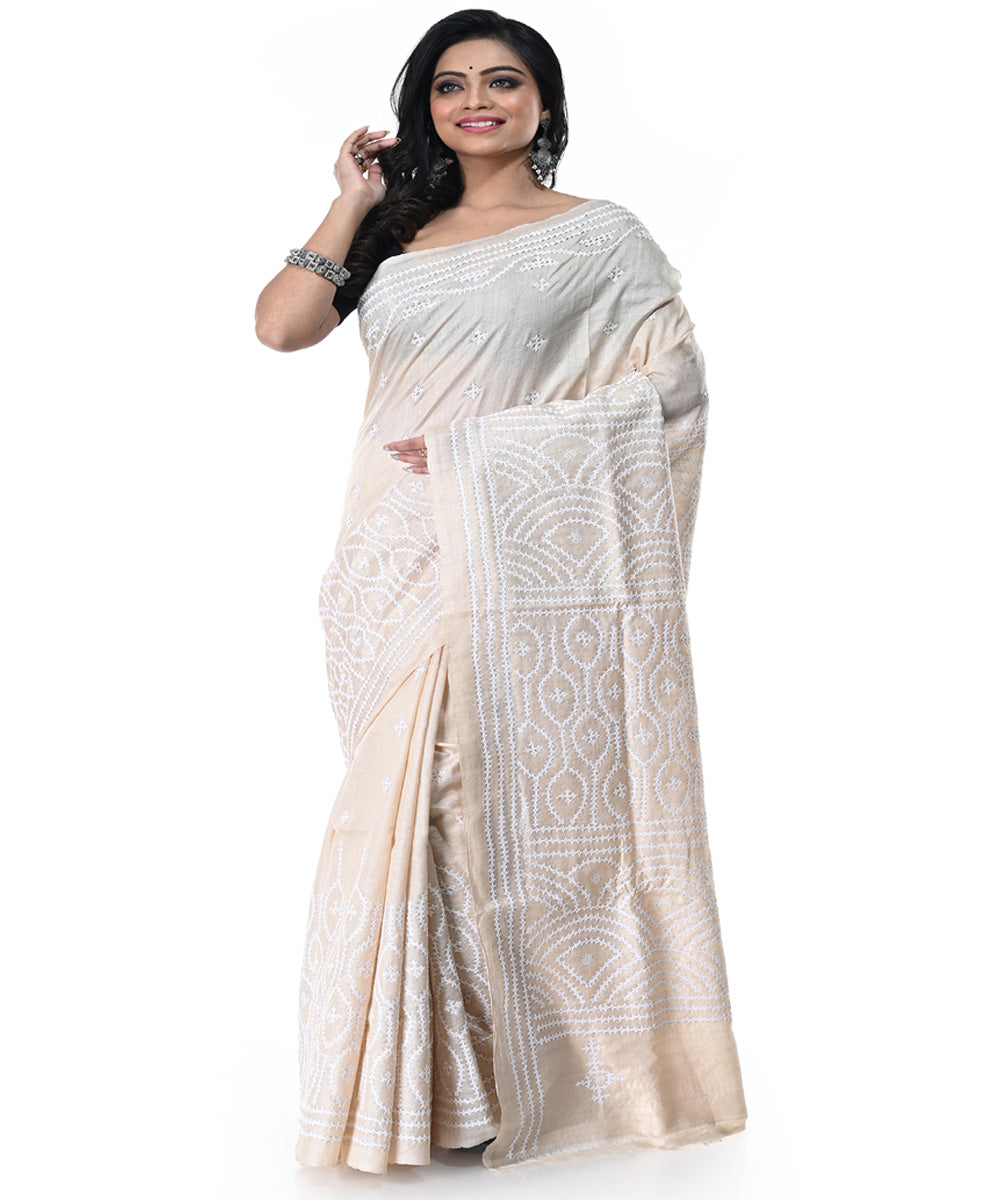 Offwhite all over handwoven tussar silk kantha stitch saree