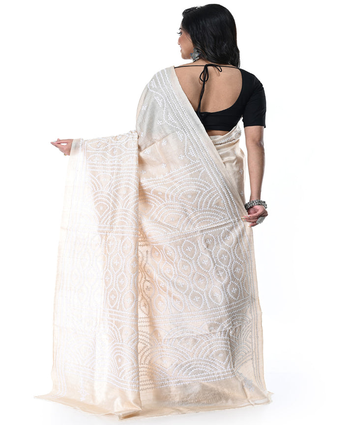 Offwhite all over handwoven tussar silk kantha stitch saree