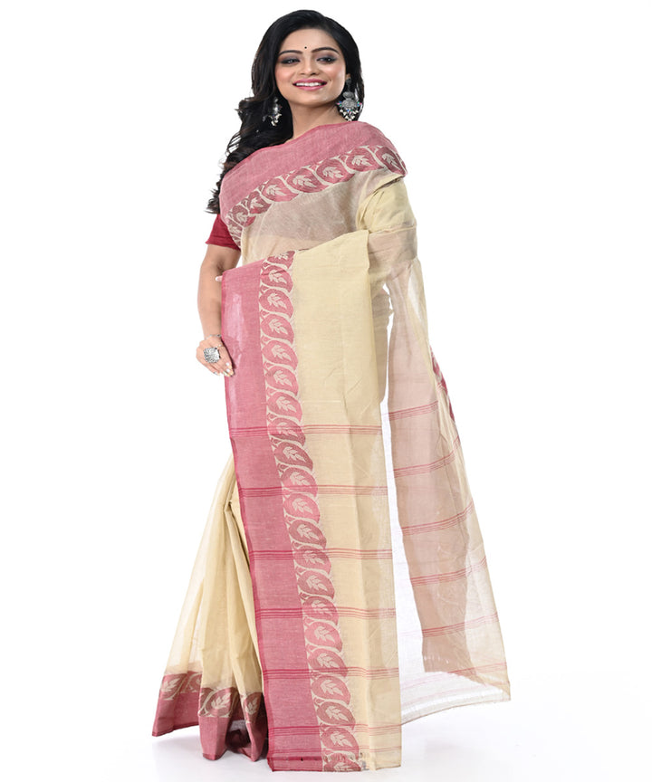 Beige pink handwoven cotton tangail saree