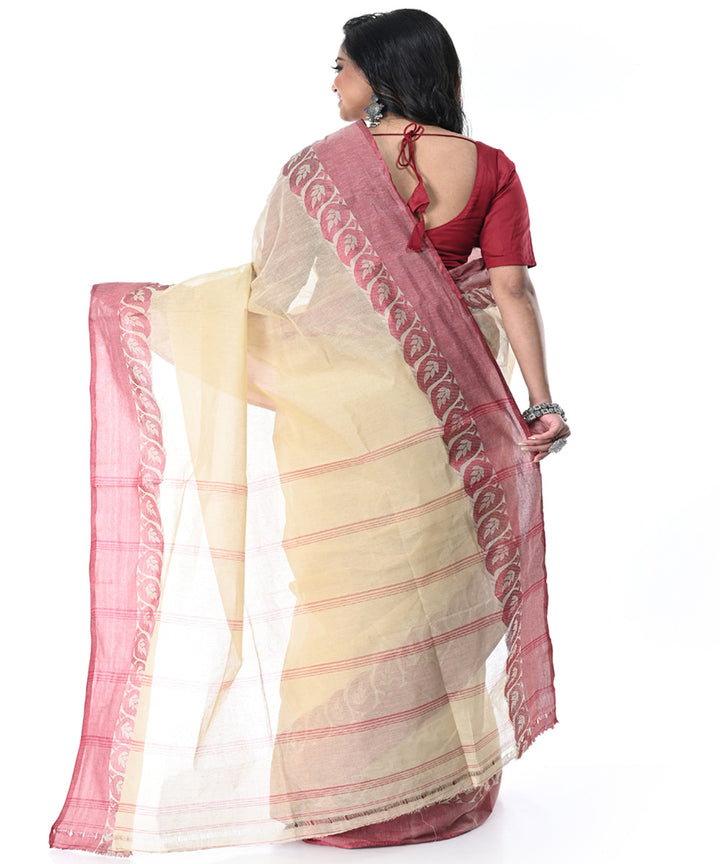 Beige pink handwoven cotton tangail saree