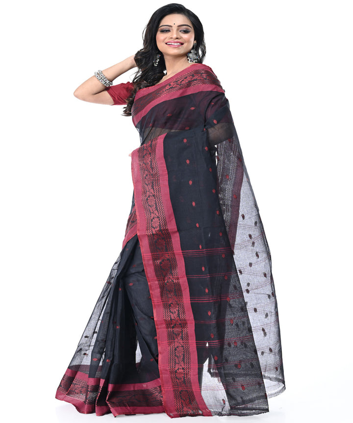 Black magenta handwoven cotton tangail saree