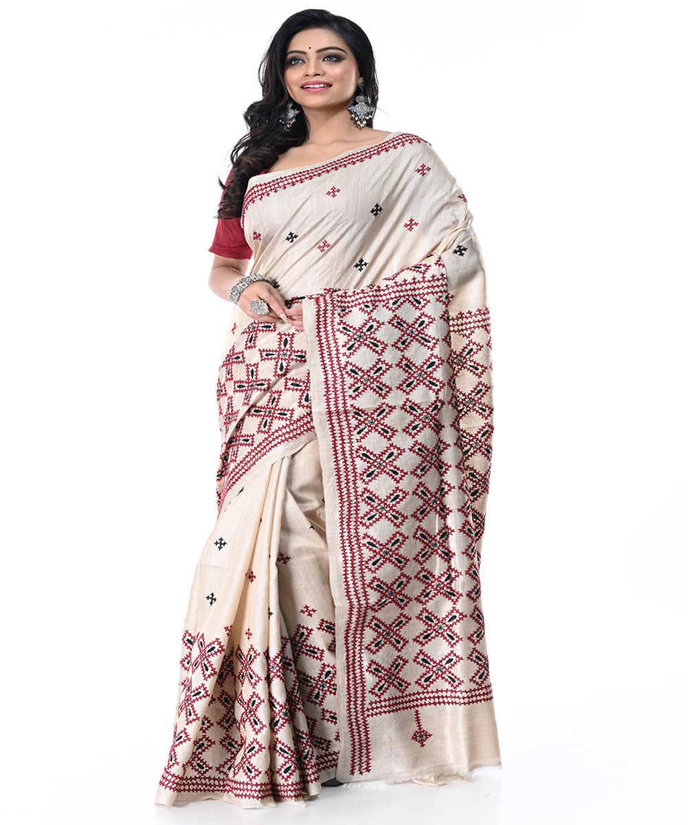 Offwhite multicolor tussar silk handwoven kantha stitch saree