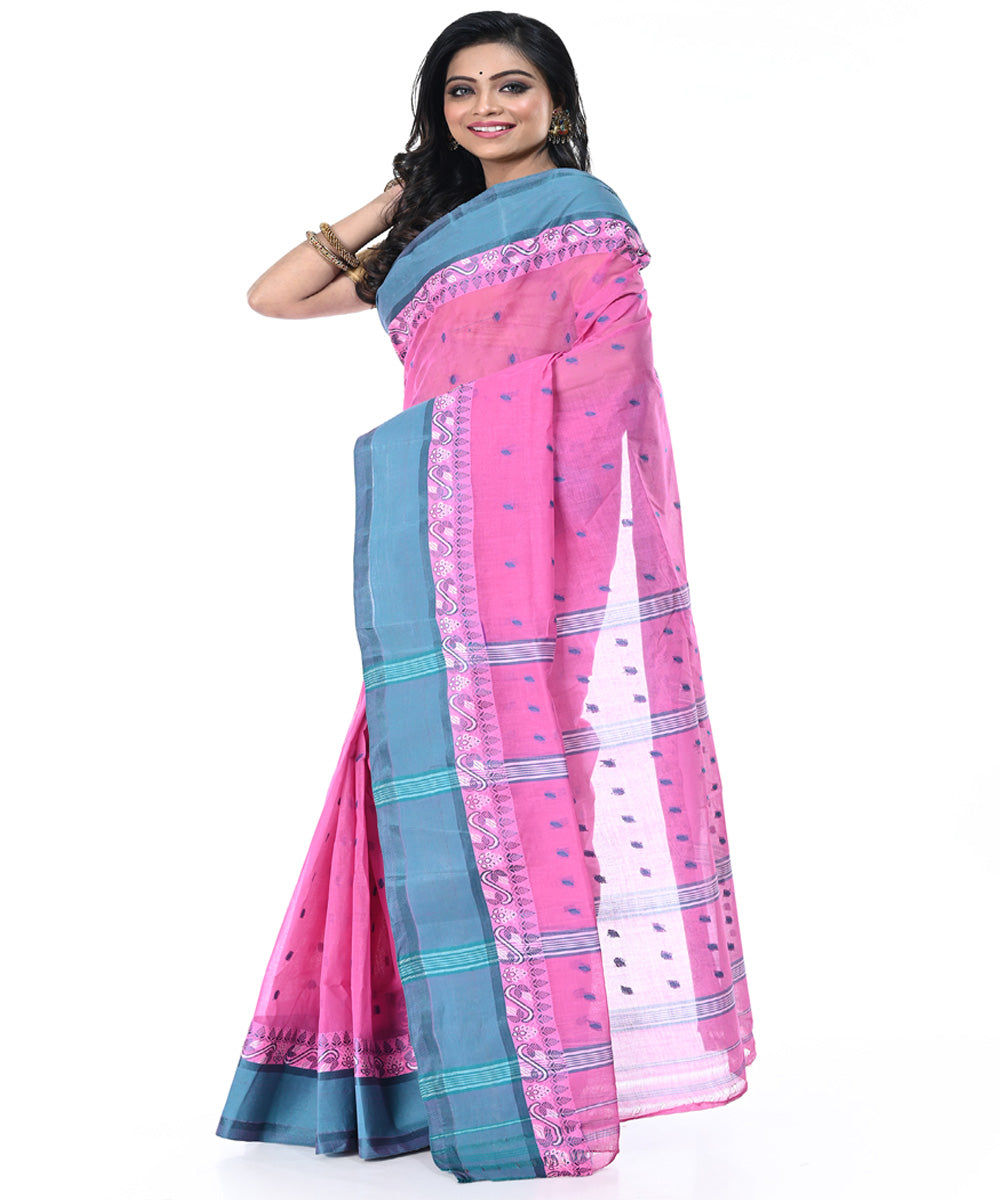 Pink cyan blue handwoven cotton tangail saree