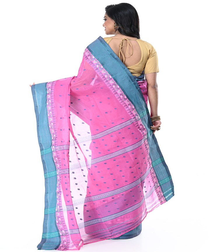 Pink cyan blue handwoven cotton tangail saree