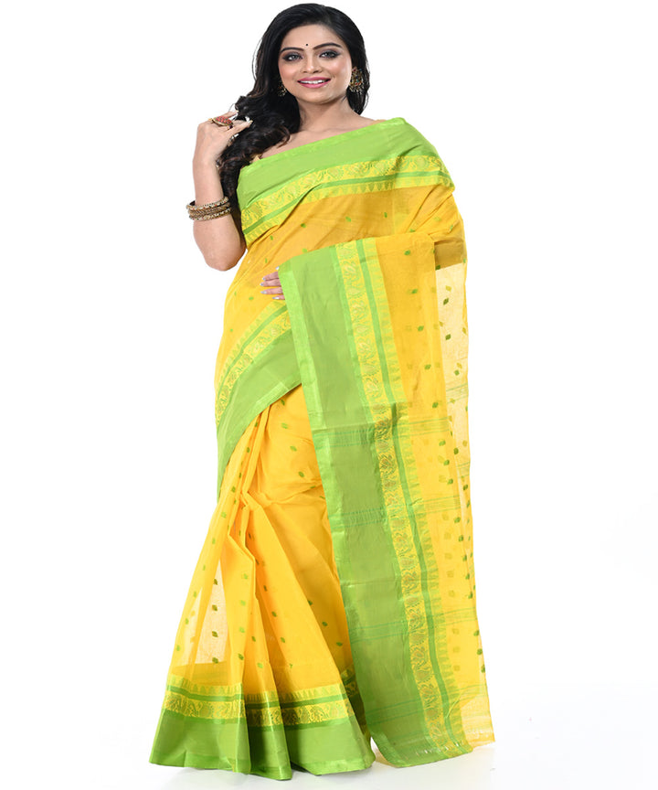Yellow green handwoven cotton tangail saree