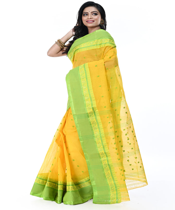 Yellow green handwoven cotton tangail saree