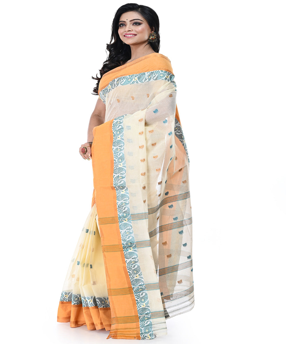 Offwhite cream handwoven cotton tangail saree