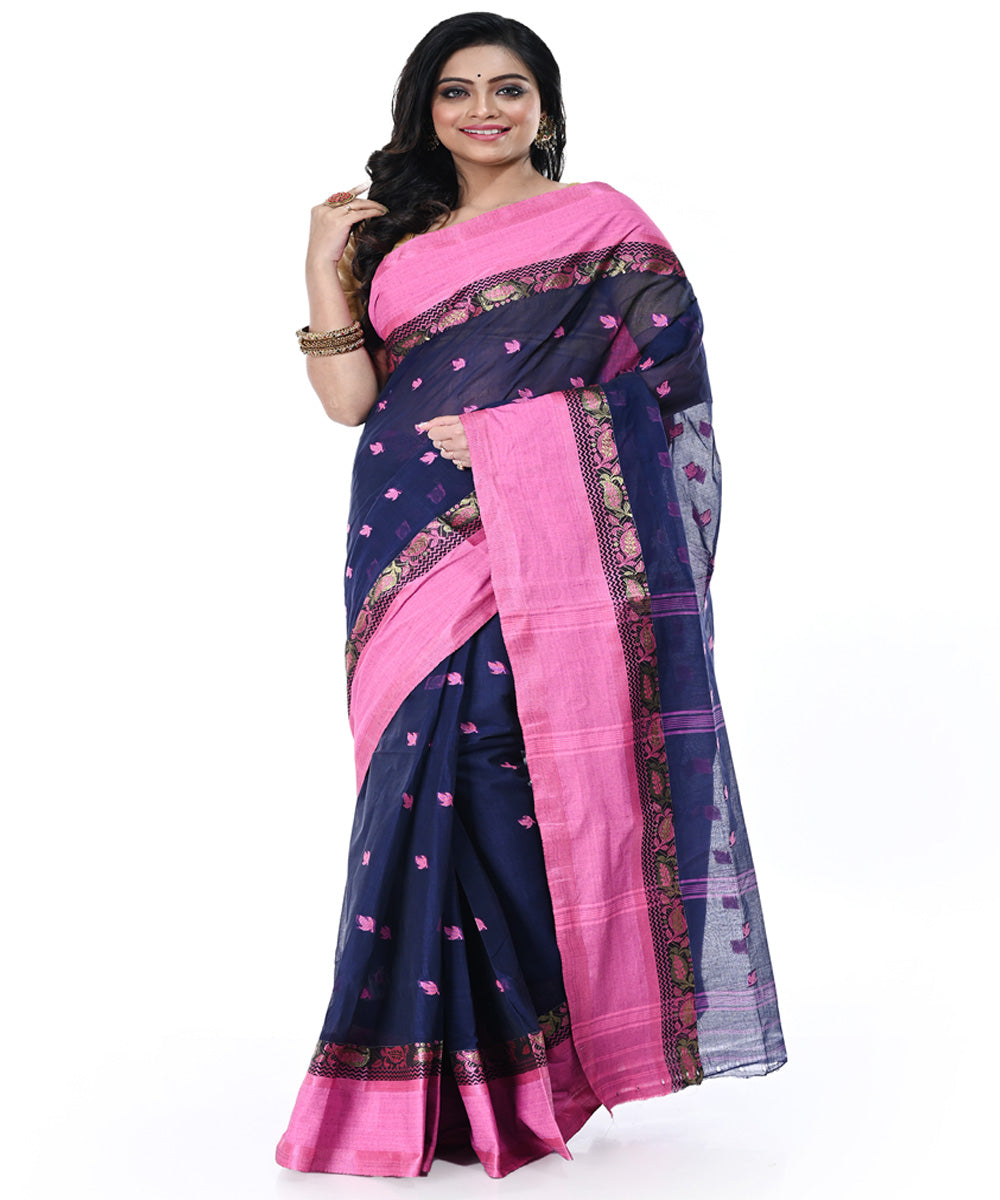 Black pink handwoven cotton tangail saree