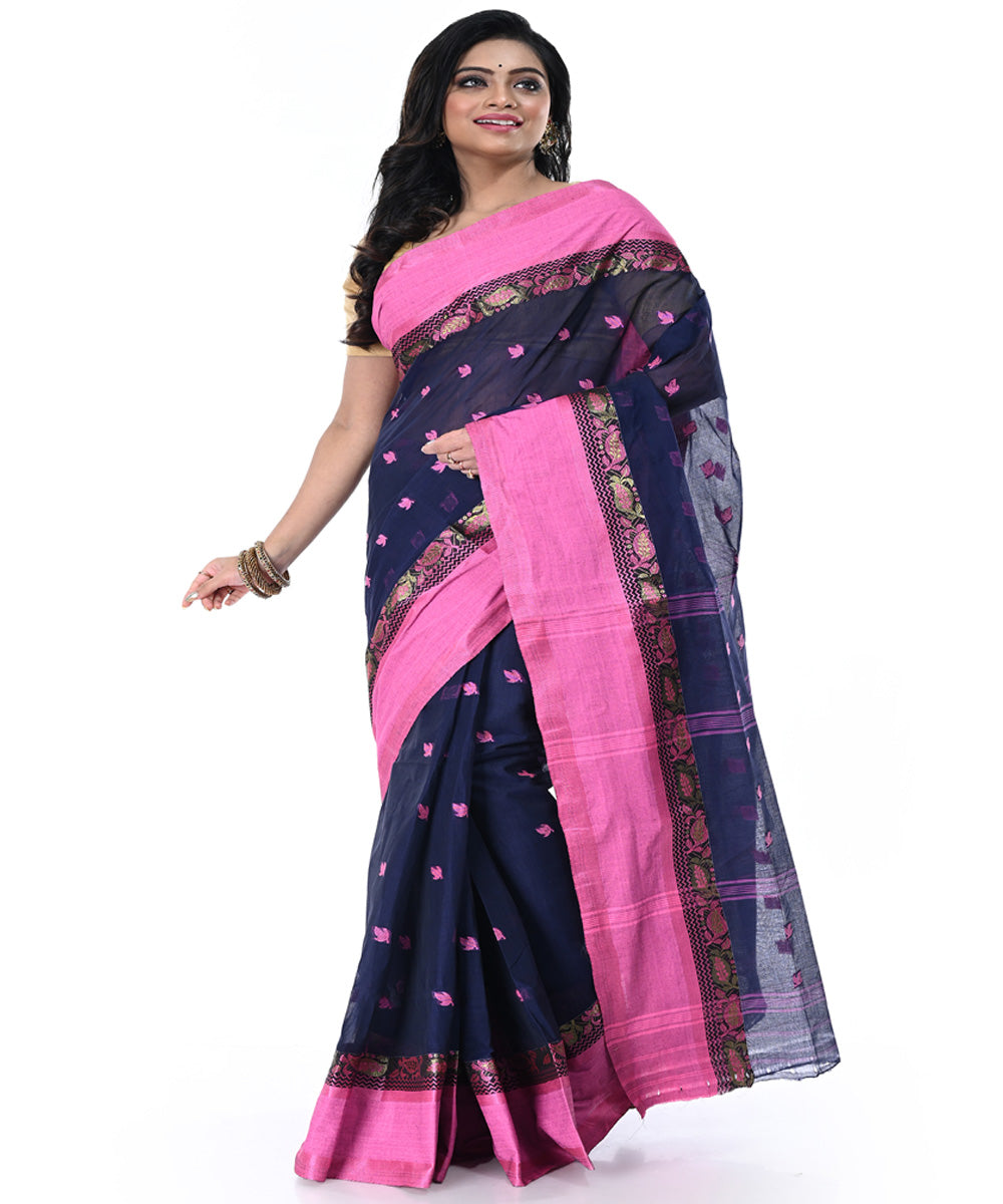 Black pink handwoven cotton tangail saree