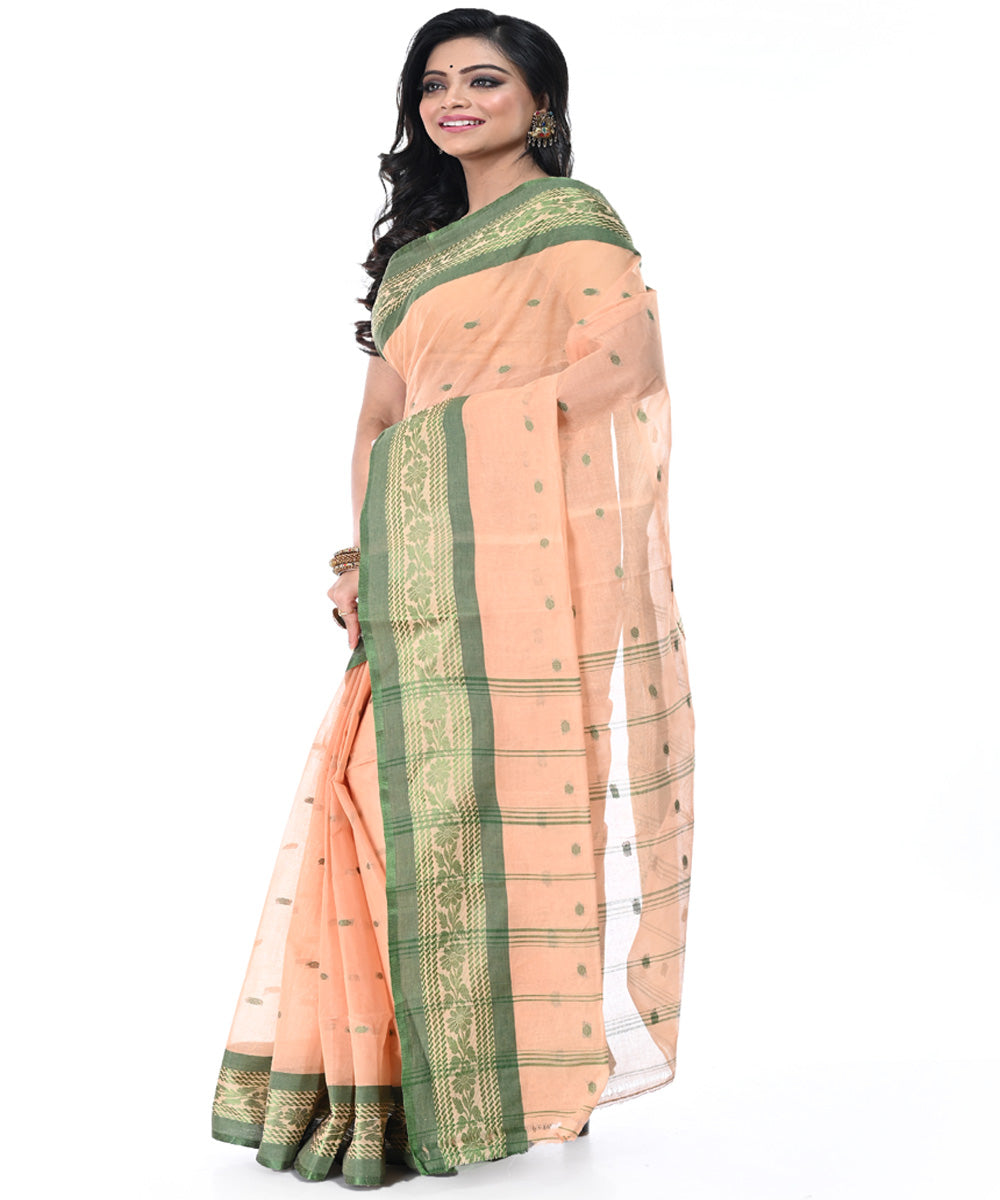 Orange deep green handwoven cotton tangail saree