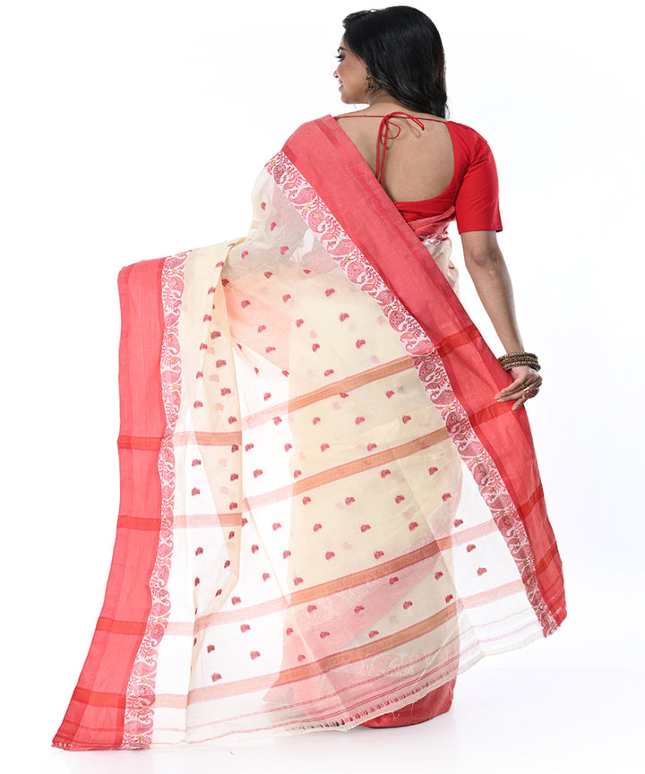 Offwhite red handwoven cotton tangail saree