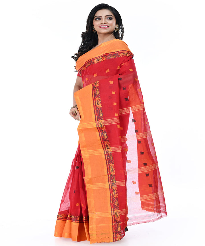 Red orange handwoven cotton tangail saree