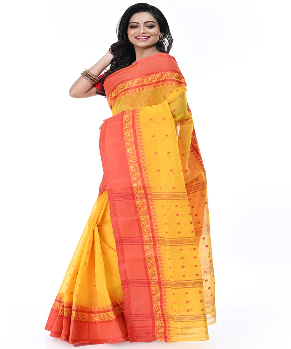 Yellow red handwoven cotton tangail saree