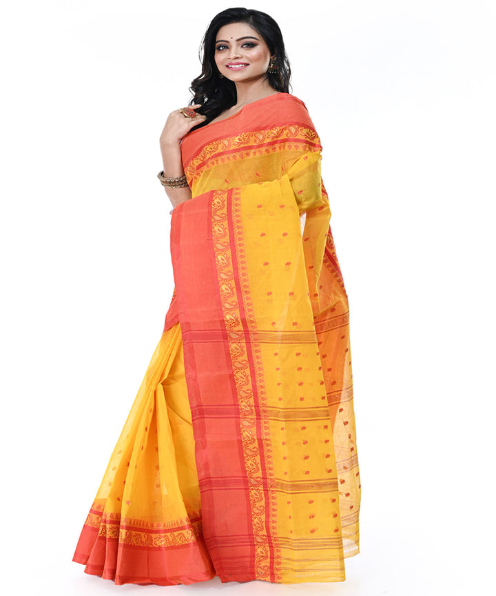Yellow red handwoven cotton tangail saree