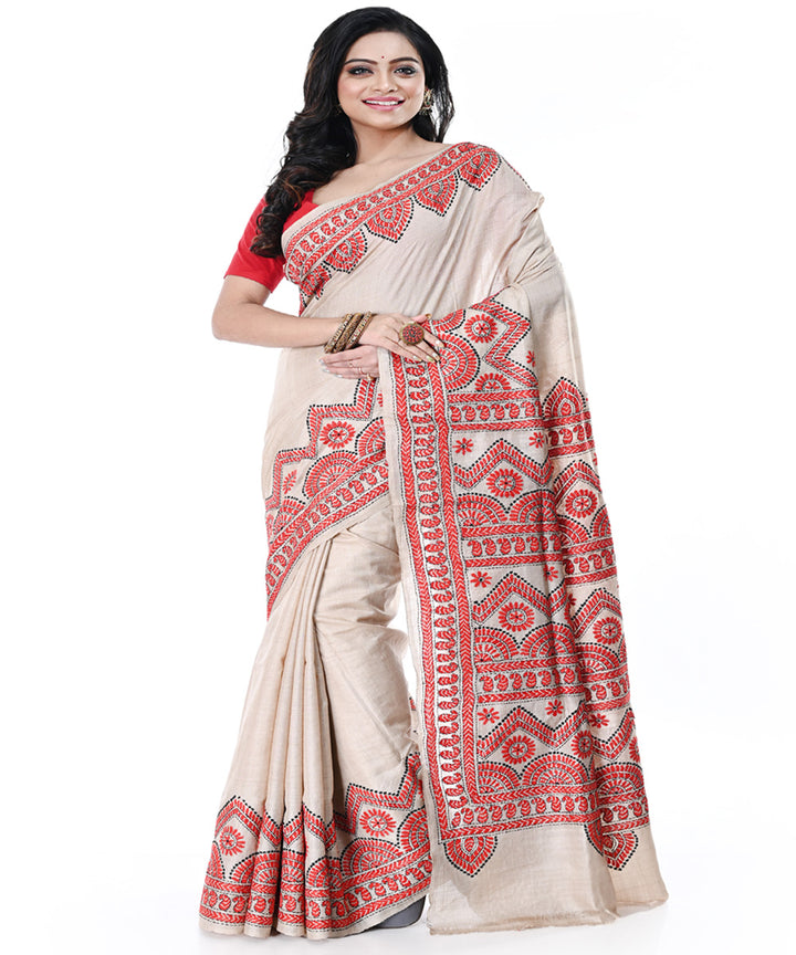 Offwhite red handwoven tussar silk kantha stitch saree