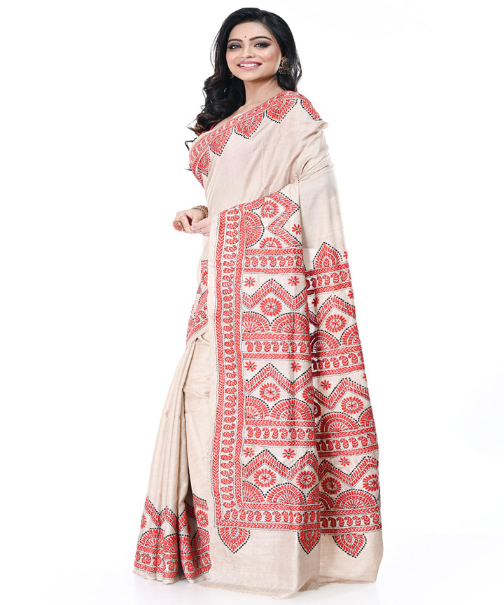 Offwhite red handwoven tussar silk kantha stitch saree